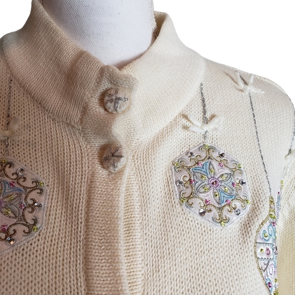Vintage Embroidered Cardigan Sz Large Sequin Christmas Holiday Ornament  Sweater - Picture 7 of 12